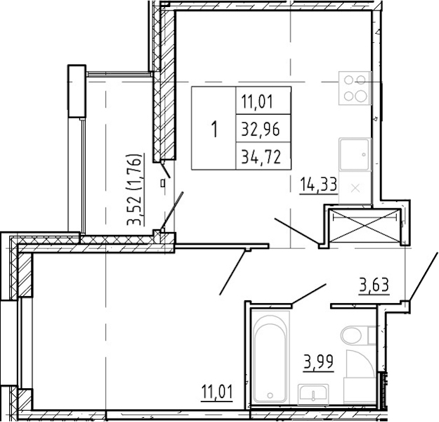 1-комнатная квартира 33.21 м², 7/12 эт., ЖК «Полис Новоселье»